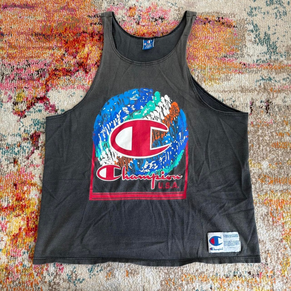 VINTAGE Faded 90s Champion USA Big Logo Graphic Tank Top XL Black Made in USA